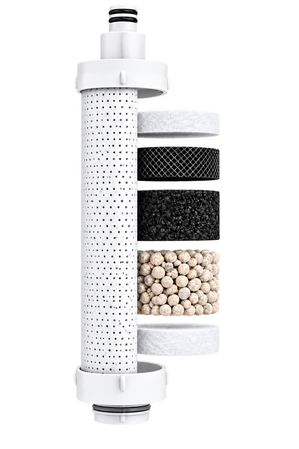 De vijf filterlagen van de PureFilter Mineral+ waterfilter onder het aanrecht