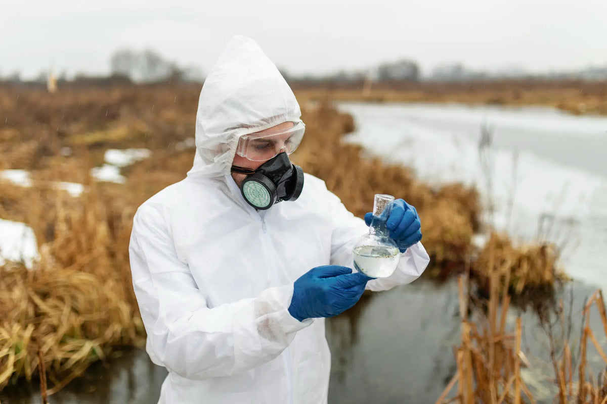 Wetenschapper neemt watermonster in beschermingspak — onderzoek naar PFAS in Nederlands oppervlaktewater