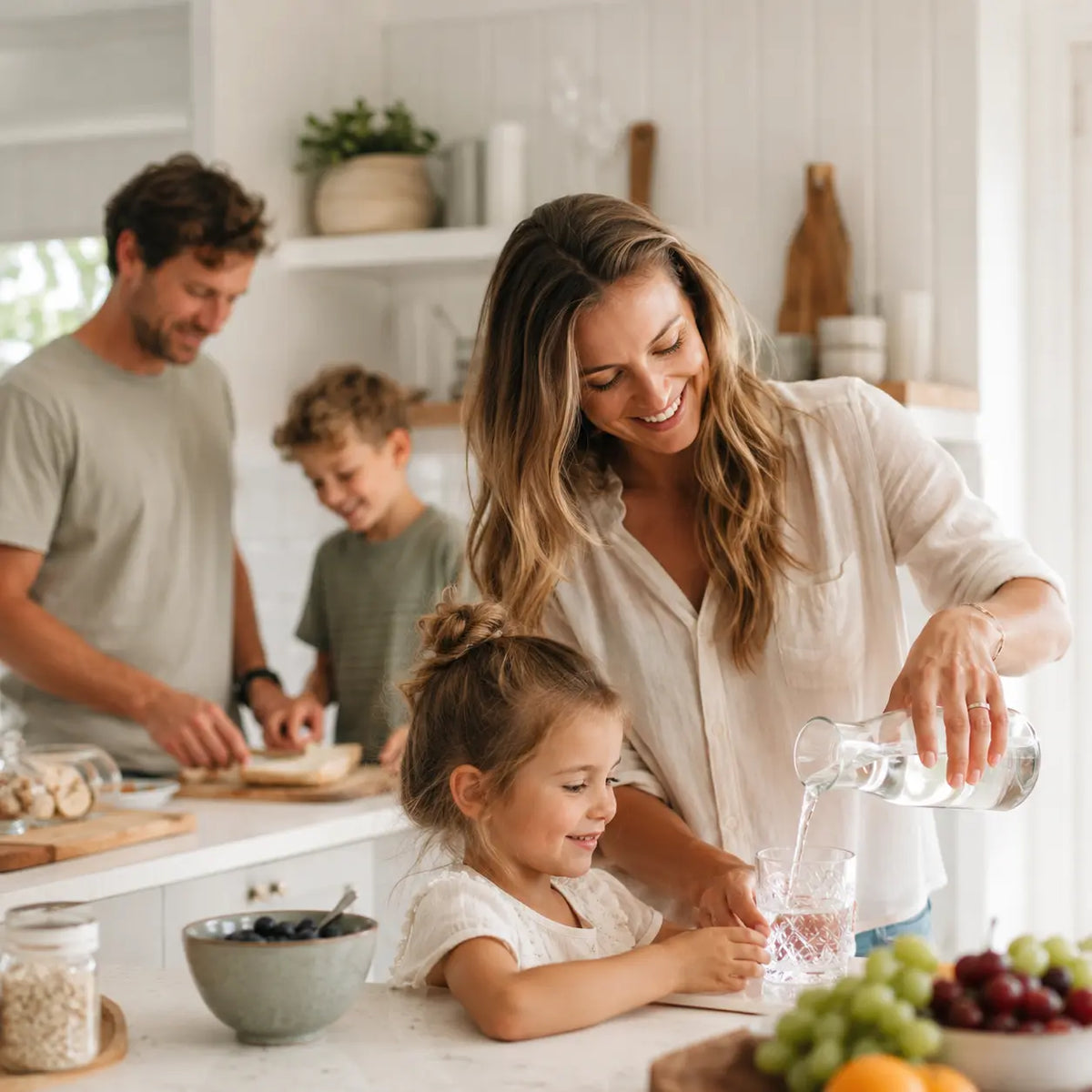 Gezin met kinderen drinkt gefilterd water in moderne keuken — PureFilter Mineral+